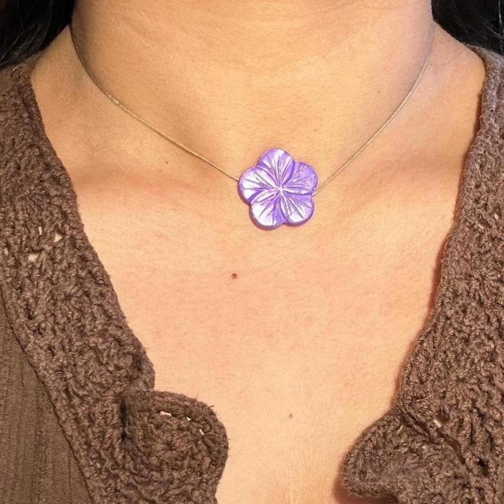 Handmade Purple Mother of Pearl Hibiscus Choker Necklace Boho Adjustable Khaki